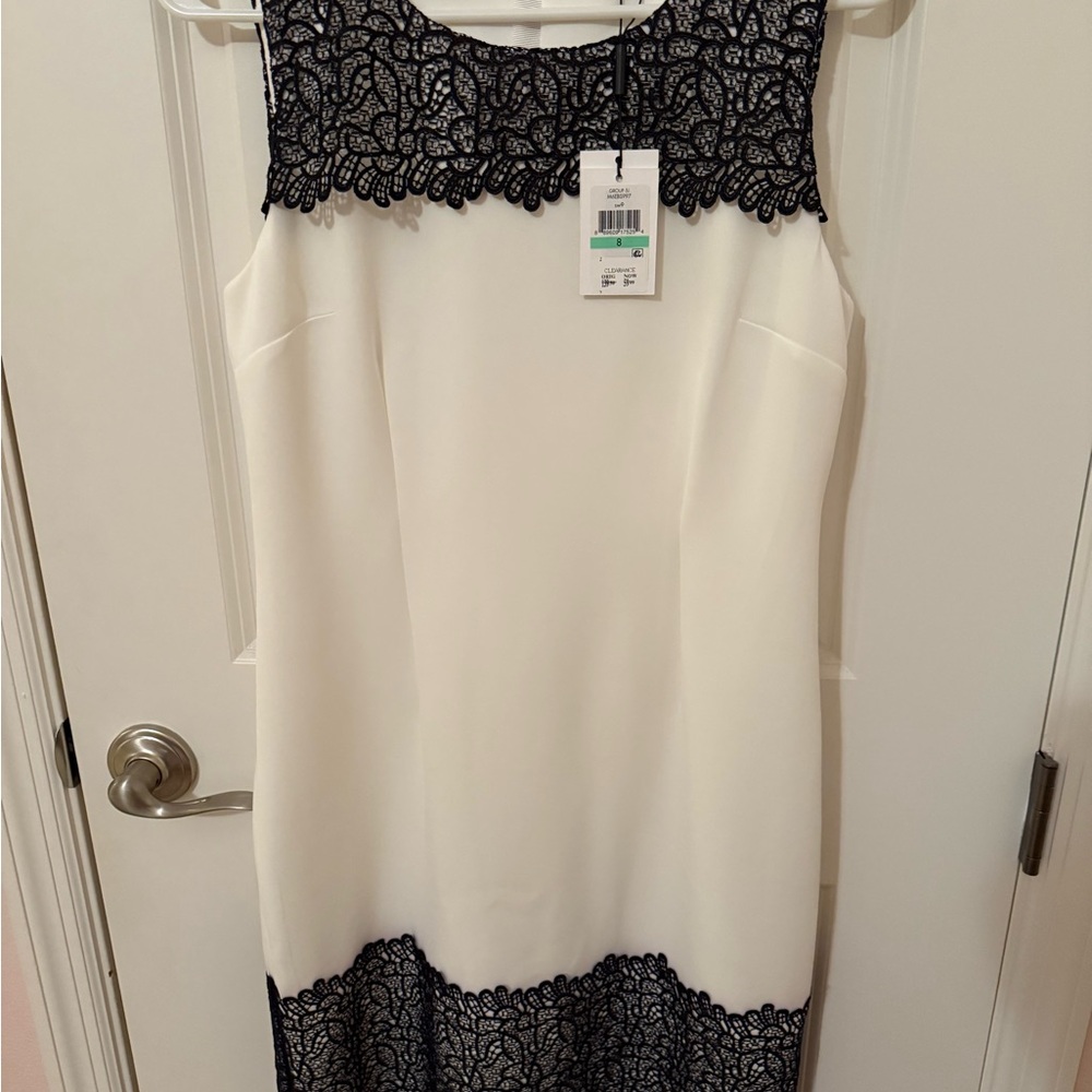 AB Studio White and Black Sheath Dress Sleeveless Crew Neck Midi